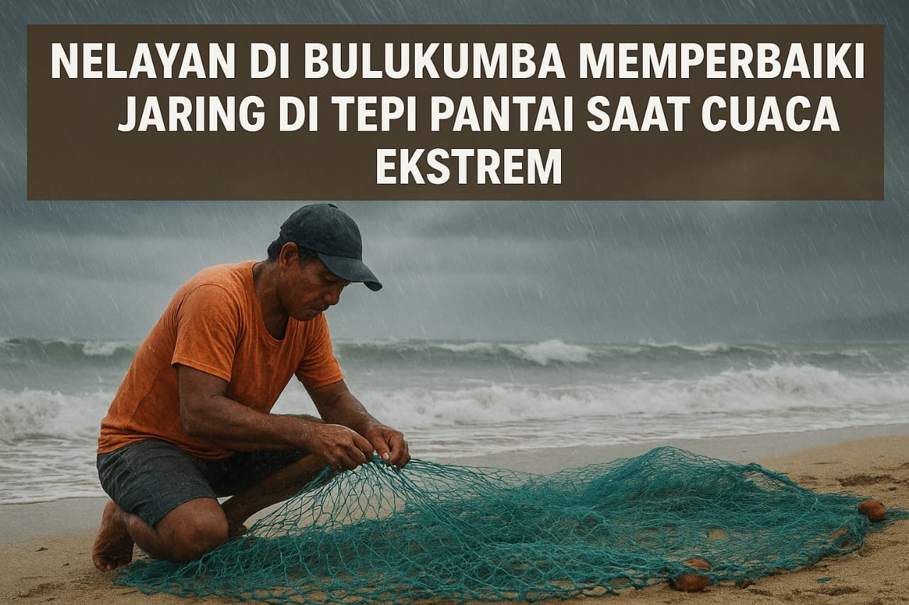 Nelayan di Bulukumba memperbaiki jaring di tepi pantai saat cuaca ekstrem.
